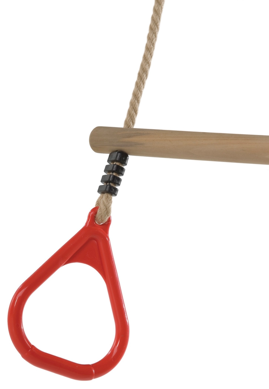 Houten trapeze met kunststof ringen rood