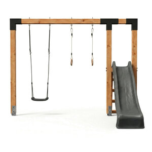 Exit Linea Robuust 110 dubbele houtenschommel met glijbaan en turnringen