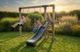 Exit Linea Robuust 110 dubbele houtenschommel met glijbaan en turnringen_